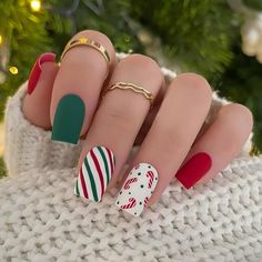 Amazon.com: Christmas Nails Press on Nails Short Square Fake Nails with Designs Candy Canes Christmas Red Green Pattern Full Cover Acrylic Medium False Nails Xmas Winter Glue on Nails for Women and Girls 24Pcs : Beauty & Personal Care