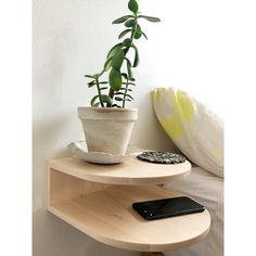 a potted plant sitting on top of a wooden shelf next to a cell phone