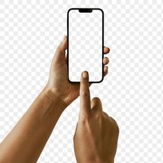 two hands holding up an electronic device with a blank screen on it, against a white background