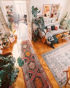 a living room filled with furniture and lots of plants on the floor next to a couch