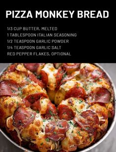 pizza monkey bread is shown in a pan with toppings on the side and instructions for how to make it