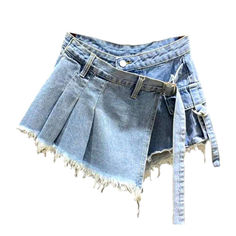 Look fashion-forward and keep up with the latest trends with our Asymmetric Pleated Mini Denim Skort from the 2023 Summer Collection! This mid-waist skort features an asymmetric cut. pleated detailing. zipper & button closure. and a vibrant color that's sure to turn heads wherever you go.Why You'll Fall In Love With It: Asymmetric Cut: This skort pairs a classic denim silhouette with an asymmetric cut. creating an eye-catching look that's perfect for the summer. Pleated Detailing: The pleated detailing adds texture and dimension. elevating your look with effortless style. Vibrant Color: The vibrant color ensures you look bright and cheerful no matter the weather. Zipper & Button Closure: The zipper and button closure ensures a perfect fit. allowing you to create the look you desire. Go Bol Jeans Coat Jackets, Womens Denim Skirts, Denim Skort, Denim Patterns, Urban Looks, Plus Dresses, Romper Pants, Modern Fashion, Swimwear Accessories