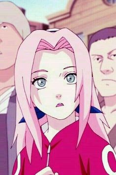 an anime character with pink hair and two other characters behind her looking at the camera