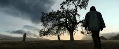 two people standing in front of a tree under a cloudy sky