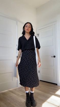 Professional Outfits Skirt Women, Combat Boots Maxi Skirt, Grown Up Alternative Fashion, Business Casual Outfits Midi Skirt, Midi Skirt Outfit Business Casual, Tattoo Receptionist Outfit, Business Casual Outfits Skirts Midi, Business Casual Outfit Inspo For Women, Alternative Business Professional Outfits