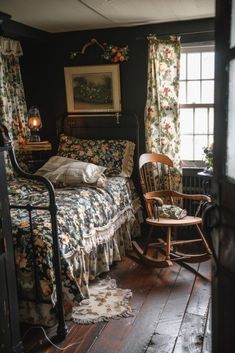 a bedroom with a rocking chair next to a bed and window covered in floral curtains