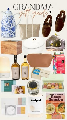 a collage of items from grandma's gift guide