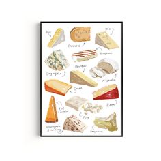 a poster with different types of cheeses and their names on it, including cheese