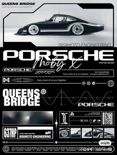 an advertisement for a car show with black and white graphics on it's side