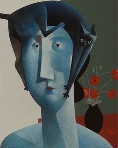 a painting of a woman with a cat on her head and flowers in the background