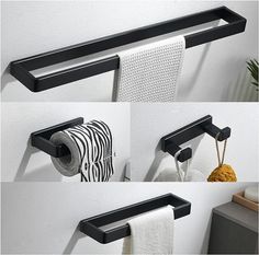 three pictures of towel racks with towels hanging on them and one has a zebra design