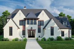 this is an artist's rendering of a white brick house with black shutters