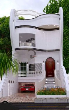 a white house with a red car parked in front of it and stairs leading up to the second floor