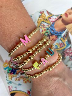 • Gold plated beads • enamel letters • customizable Everyday Gold Name Bracelet With Colorful Beads, Personalized Gold Jewelry With Colorful Beads, 2 Letter, Jewerly Making, Bracelets Design, 3 Letter, Letter Bracelet, Beads Bracelet Design, Bracelet Design