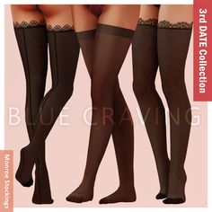 three women's stockings with lace trimmings and thigh high socks on them