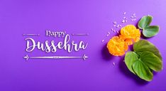 the words happy dusseria are surrounded by flowers on a purple background with green leaves