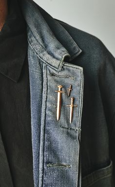 Inspired and designed after a series of ancient Icelandic daggers and medieval weaponry. Cluster together for the ultimate leather jacket accessories, or make a bold statement as a tie tack or lapel pin. Solid bronze and solid brass, with locking backs. *** In most cases, rings are made to order.  Please allow 1-2 week Masc Lesbian Style, Dyke Fashion, Jacket Accessories, Whimsical Fashion, Tie Tack, Fantasy Jewelry, Style Profile, Lapel Pin