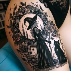 #instagram #wallpaper #aesthetic #icon #dicas #receita #tattoo #tattoosforwomen #tatuagem Witchy Leg Tattoos Women, Witchy Stomach Tattoo, Witch Vibe Tattoo, Witch Tattoo Ideas Witchcraft, Goth Witch Tattoo Ideas, Witch Tattoo Thigh, Witchy Thigh Tattoo, Coven Tattoos Witches, Salem Witch Tattoo