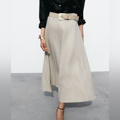 Nwt Zara Belted Linen Blend Cape Midi Skirt In Light Beige. Size Medium Classic Beige A-line Skirt, Chic Spring Office Maxi Skirt, Fall Fitted Beige Maxi Skirt, Chic Beige Flared Skirt, Beige Midi Bottoms For Day Out, Chic Office Maxi Skirt For Spring, Long Skirt For Office In Spring, Fitted Beige Maxi Skirt For Fall, Chic Beige Full Maxi Skirt