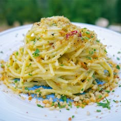 a white plate topped with pasta and garnished with parmesan sprinkles