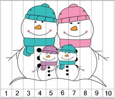 three snowmen with hats and scarfs on their heads are shown in the same pattern