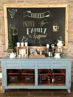 a coffee bar with chalkboard behind it