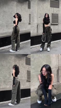 four different pictures of a woman holding a tennis racquet in front of a building