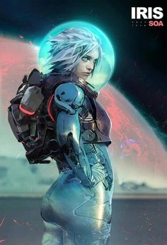 a woman in futuristic clothing holding a backpack