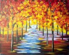 an acrylic painting of trees with red, yellow and blue leaves on them