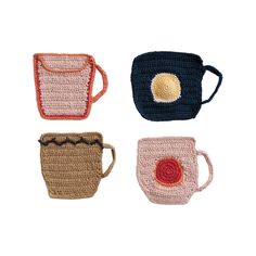 three crocheted coffee mugs are shown in four different colors and designs, one is blue, the other is brown