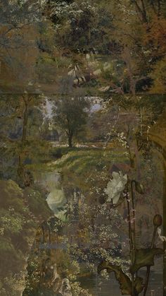 an image of a painting with flowers in the foreground and trees on the far side