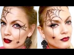 Quick and easy spider web halloween makeup - YouTube                                                                                                                                                                                 More Nem Halloween Makeup, Halloween Spider Makeup, Makijaż Sugar Skull, Spider Face Painting, Spider Web Makeup, Halloween Makeup For Kids, Maquillage Halloween Simple, Spider Makeup, Spider Face