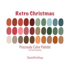 the retro christmas color palette is shown in red, green, blue and brown colors