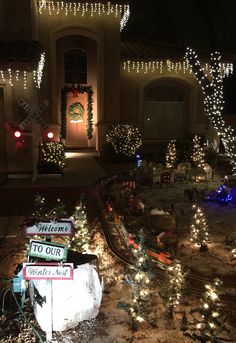 christmas lights decorate the front yard of a house