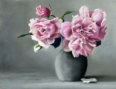 a painting of three pink flowers in a gray vase on a grey tablecloth,