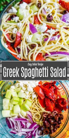 greek spaghetti salad with olives, tomatoes, onions and feta cheese in a glass bowl