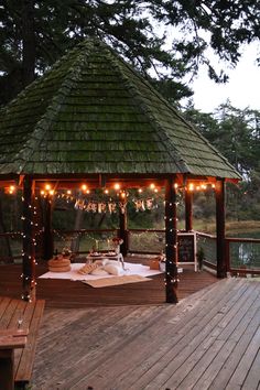 a gazebo with lights on the roof