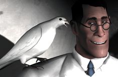 a man with glasses and a white bird on his shoulder, standing next to him