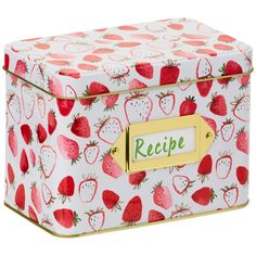 a white box with strawberries on it and the word recipe written in green lettering