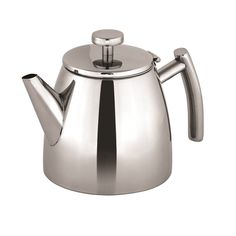 a stainless steel tea pot with a handle