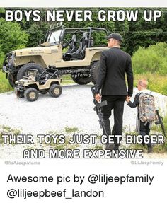 a man in a suit and tie holding a child's hand while standing next to a jeep