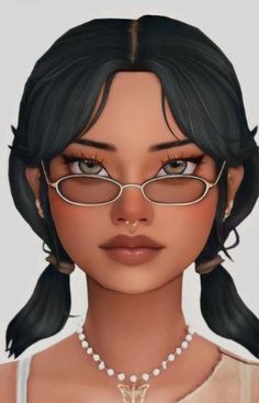 an animated woman wearing glasses and pearls on her head, looking at the camera with big eyes