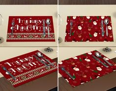 three photos of christmas placemats with forks and spoons