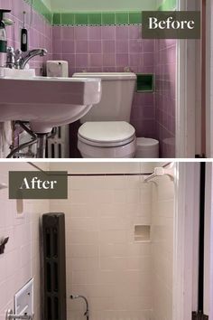 before and after photos of a bathroom with pink tiles