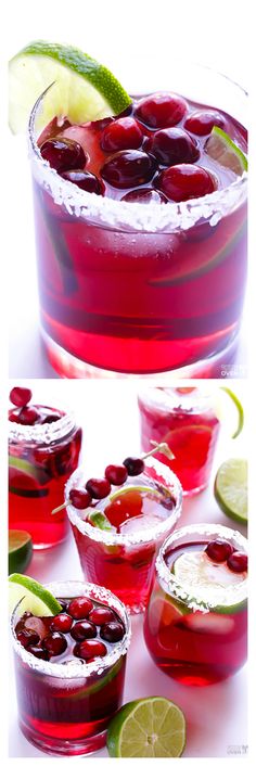 several different shots with limes and cherries in them