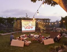 people are sitting in the grass watching a movie on an outdoor projector screen at dusk