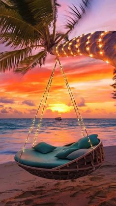 a hammock hanging from a palm tree on the beach with lights strung over it