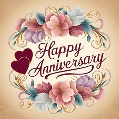 happy anniversary card with flowers and hearts in the center on a beige background, illustration