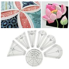 four different patterns and instructions for making flowers with felt pieces, including one flower in the center