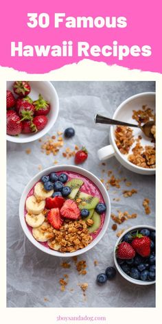 some bowls filled with fruit and granola on top of a table